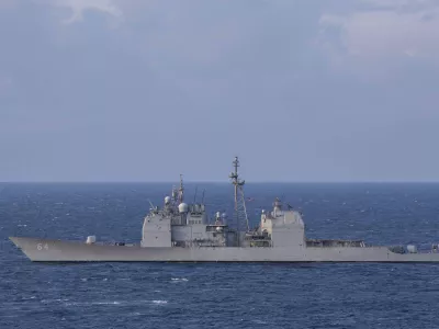 CORRECTS YEAR TO 2024 - The Ticonderoga-class guided-missile cruiser USS Gettysburg (CG 64) steams in the Mediterranean Sea, Dec. 15, 2024. (Kaitlin Young/U.S. Navy via AP)