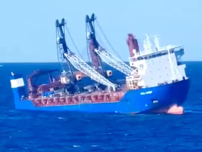 Russian cargo ship Ursa Major, which the Russian Foreign Ministry said sank in the Mediterranean Sea between Spain and Algeria after an explosion in its engine room, lists in this still image obtained from a video released December 23, 2024. Social media via REUTERS THIS IMAGE HAS BEEN SUPPLIED BY A THIRD PARTY. NO RESALES. NO ARCHIVES