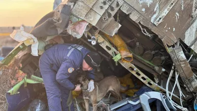 An emergency specialist with a dog works at the crash site of an Azerbaijan Airlines' Embraer passenger plane near the city of Aktau, Kazakhstan, December 26, 2024. Kazakhstan Emergencies Ministry/Handout via REUTERS ATTENTION EDITORS - THIS IMAGE HAS BEEN SUPPLIED BY A THIRD PARTY. NO RESALES. NO ARCHIVES. MANDATORY CREDIT. WATERMARK FROM SOURCE.