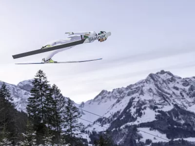 Anze Lanisek from Slovenia at the men's Ski Jumping World Cup event at the Gross-Titlis Schanze, in Engelberg, Switzerland, Saturday, Dec. 21, 2024. (Philipp Schmidli/Keystone via AP)