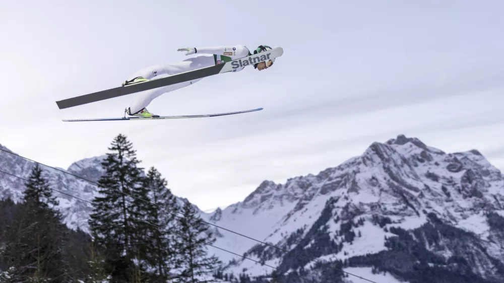 Anze Lanisek from Slovenia at the men's Ski Jumping World Cup event at the Gross-Titlis Schanze, in Engelberg, Switzerland, Saturday, Dec. 21, 2024. (Philipp Schmidli/Keystone via AP)