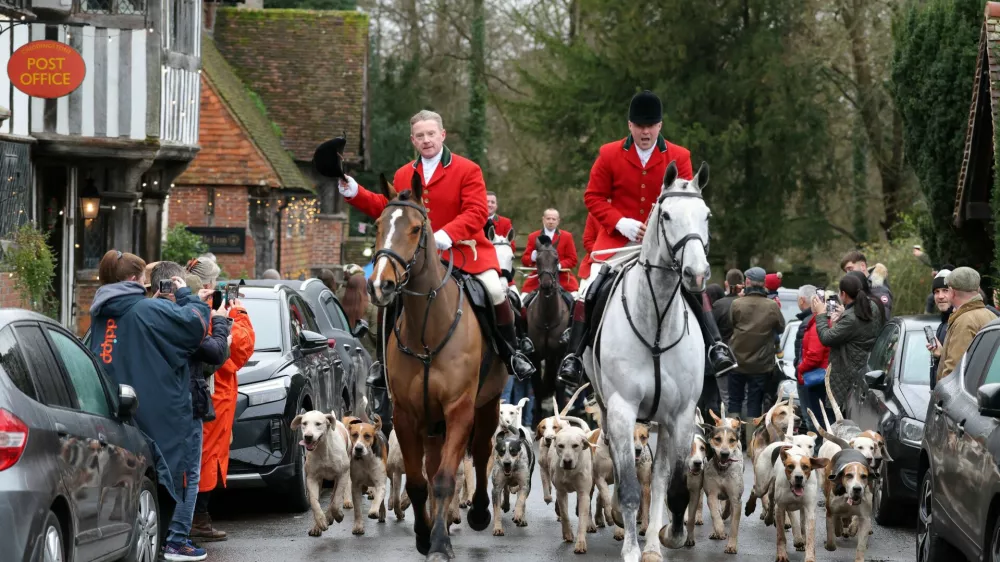 Members of the Old Surrey, Burstow and West Kent Hunt take part in the annual Boxing Day trail hunt, in Chiddingstone, Britain, December 26, 2024. REUTERS/Kevin Coombs