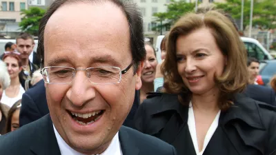 French President Francois Hollande, left, and his companion Valerie Trierweiler, in Tulle, southwestern France, Saturday, June 9, 2012, on the eve of the first round of the French general election. The second round will take place on June 17 to elect the 14th National Assembly of the 5th Republic. (AP Photo/Bob Edme)