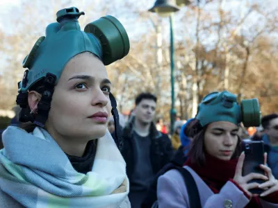 Women with gas masks protest to tackle air pollution in Skopje, North Macedonia December 28,2024.REUTERS/Ognen Teofilovski