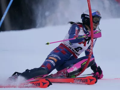 Croatia's Zrinka Ljutic speeds down the course during an alpine ski, women's World Cup slalom race, in Semmering, Austria, Sunday, Dec. 29, 2024. (AP Photo/Piermarco Tacca)