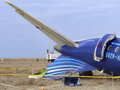 This image from video released by the administration of the Mangystau region of Kazakhstan, shows the wreckage of Azerbaijan Airlines Embraer 190 on the ground near the airport of Aktau, Kazakhstan, Wednesday, Dec. 25, 2024. (Administration of the Mangystau Region via AP)