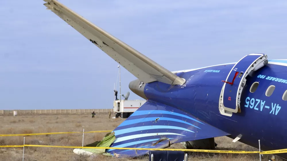 This image from video released by the administration of the Mangystau region of Kazakhstan, shows the wreckage of Azerbaijan Airlines Embraer 190 on the ground near the airport of Aktau, Kazakhstan, Wednesday, Dec. 25, 2024. (Administration of the Mangystau Region via AP)