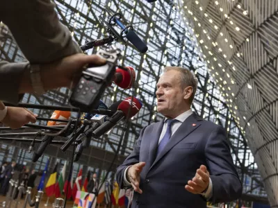 The Prime Minister of Poland Donald Tusk speaks with journalists during the European Council on December 19, 2024.Le Premier Ministre de Pologne Donald Tusk parle avec les journalistes lors du Conseil Europeen le 19 decembre 2024.