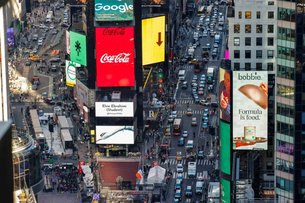 General view of Times Square while organizers do a ball-drop test for the upcoming New Year's Eve celebration in New York City, U.S., December 30, 2024. REUTERS/Eduardo Munoz