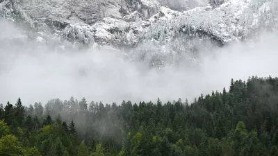 A view of fresh snow above a mountain forest near the summit of the Zugspitze near Garmisch-Partenkirchen, Germany, September 12, 2024. REUTERS/Angelika Warmuth   TPX IMAGES OF THE DAY