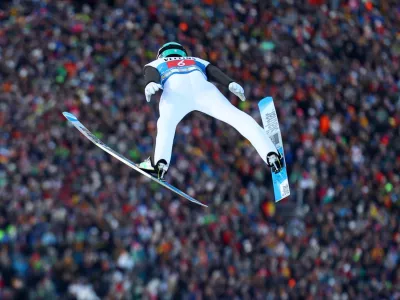 Ski Jumping - Four Hills Tournament - Garmisch-Partenkirchen, Germany - January 1, 2025 Slovenia's Anze Lanisek in action during the Men's Large Hill HS142 first run REUTERS/Lisi Niesner