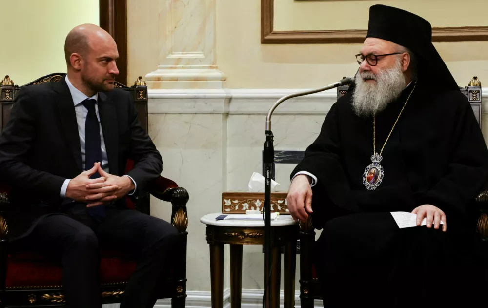 French Foreign Minister Jean-Noel Barrot meets with Greek Orthodox Patriarch of Antioch and All the East John X (Yazigi), in Damascus, Syria, January 3, 2025. REUTERS/Khalil Ashawi