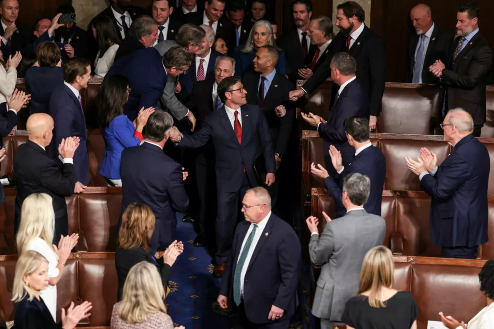 U.S. Representative Mike Johnson (R-LA) walks, as he is re-elected as the Speaker of the House on the first day of the 119th Congress at the U.S. Capitol in Washington, U.S.,January 3, 2025. REUTERS/Evelyn Hockstein