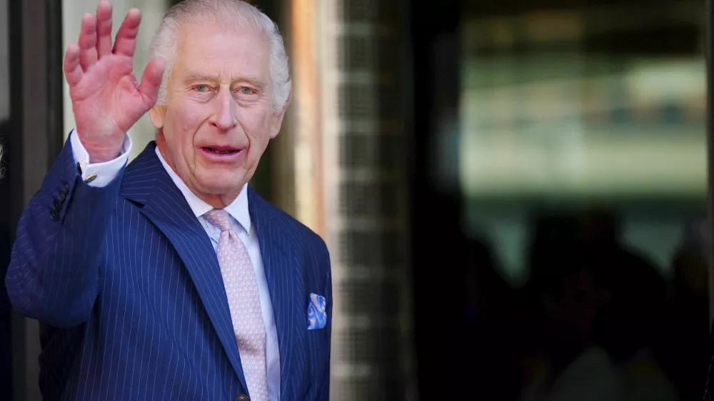 Britain's King Charles III, patron of Cancer Research UK and Macmillan Cancer Support, arrives for a visit to University College Hospital Macmillan Cancer Centre, to raise awareness of the importance of early diagnosis and highlight some of the innovative research which is taking place at the centre, in London, Tuesday April 30, 2024. (Victoria Jones/PA via AP)