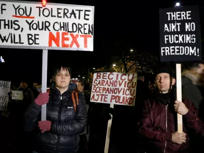  SENSITIVE MATERIAL. THIS IMAGE MAY OFFEND OR DISTURB  Participants hold placards during a protest in front of the Interior Ministry demanding resignations after Cetinje mass murder rampage in Podgorica, Montenegro, January 5, 2025. REUTERS/Stevo Vasiljevic   TPX IMAGES OF THE DAY