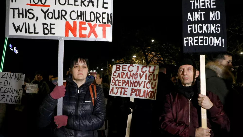  SENSITIVE MATERIAL. THIS IMAGE MAY OFFEND OR DISTURB  Participants hold placards during a protest in front of the Interior Ministry demanding resignations after Cetinje mass murder rampage in Podgorica, Montenegro, January 5, 2025. REUTERS/Stevo Vasiljevic   TPX IMAGES OF THE DAY