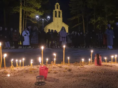 Several thousand people participated in a protest demanding the resignations of top security officials over a shooting earlier this week in Cetinje, outside of Podogrica, Montenegro, Sunday, Jan. 5, 2025. (AP Photo/Risto Bozovic)