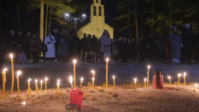 Several thousand people participated in a protest demanding the resignations of top security officials over a shooting earlier this week in Cetinje, outside of Podogrica, Montenegro, Sunday, Jan. 5, 2025. (AP Photo/Risto Bozovic)