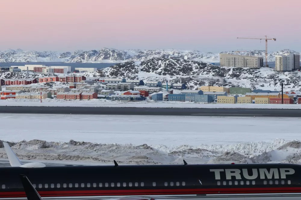 A plane carrying Donald Trump Jr. lands in Nuuk, Greenland, Tuesday, Jan. 7, 2025. (Emil Stach/Ritzau Scanpix via AP)