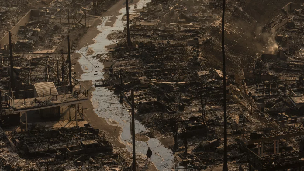 A person walks amid the destruction left behind by the Palisades Fire in the Pacific Palisades neighborhood of Los Angeles, Thursday, Jan. 9, 2025. (AP Photo/Jae C. Hong)