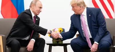 FILED - 14 June 2019, Japan, Osaka: US President Donald Trump (R) shakes hands with Russian President Vladimir Putin during their meeting on the sidelines of the G20 summit. US President-elect Donald Trump on 07 January said that he plans to discuss efforts to end Russia's war in Ukraine with Russian President Vladimir Putin. Photo: -/White House/dpa - ATTENTION: editorial use only and only if the credit mentioned above is referenced in full