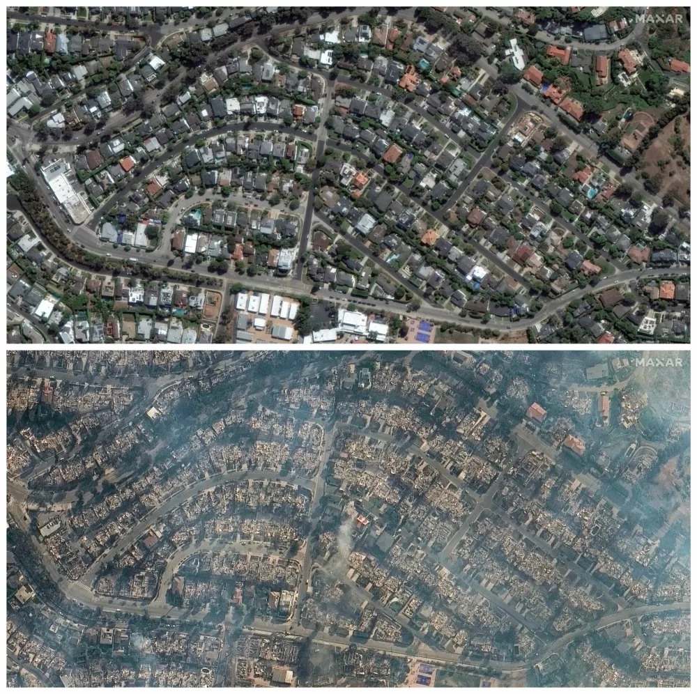 A combination picture shows a satellite image of houses in Pacific Palisades before Palisades Fire, in California, U.S., October 20, 2024 and another satellite image of houses in Pacific Palisades in the aftermath of Palisades Fire, in California, U.S., January 9, 2025. Maxar Technologies/Handout via REUTERS NO RESALES. NO ARCHIVES. THE IMAGES HAVE BEEN SUPPLIED BY A THIRD PARTY. MANDATORY CREDIT. MUST NOT OBSCURE LOGO. THIS PICTURE WAS PROCESSED BY REUTERS TO ENHANCE QUALITY. UNPROCESSED VERSIONS OF THE IMAGES HAVE BEEN PROVIDED SEPARATELY.