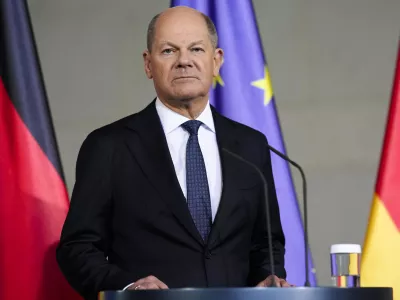 German Chancellor Olaf Scholz gives a statement at the chancellery in Berlin, Germany, Wednesday, Jan. 8, 2025. (AP Photo/Markus Schreiber)