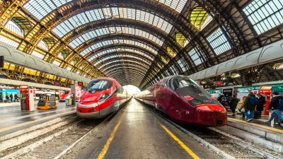 R9214C MILANO, ITALY - DECEMBER 12, 2018: TRENITALIA FRECCIAROSSA and NTV ITALO trains waiting at Milano Centrale station