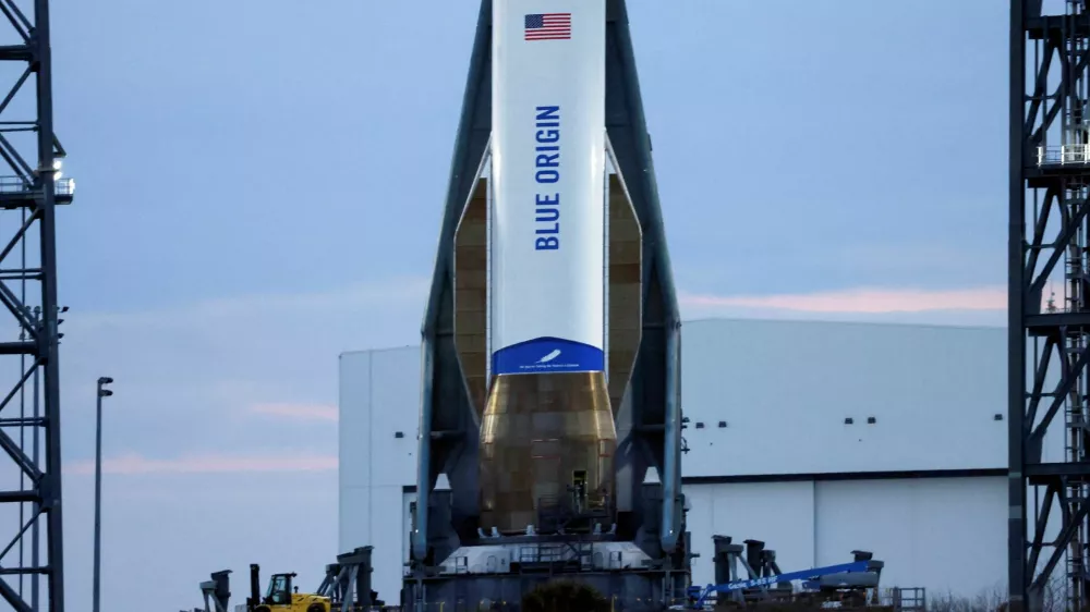 FILE PHOTO: A Blue Origin New Glenn rocket stands ready for its inaugural launch at the Cape Canaveral Space Force Station in Cape Canaveral, Florida, U.S., January 10, 2025. REUTERS/Joe Skipper/File Photo