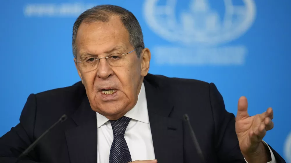 Russian Foreign Minister Sergey Lavrov speaks during his annual news conference in Moscow, Russia, on Tuesday, Jan. 14, 2025. (AP Photo/Alexander Zemlianichenko)