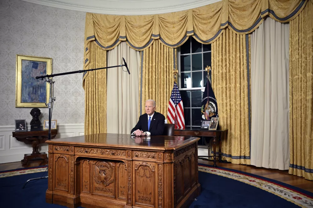 President Joe Biden speaks from the Oval Office of the White House as he gives his farewell address Wednesday, Jan. 15, 2025, in Washington. (Mandel Ngan/Pool via AP)