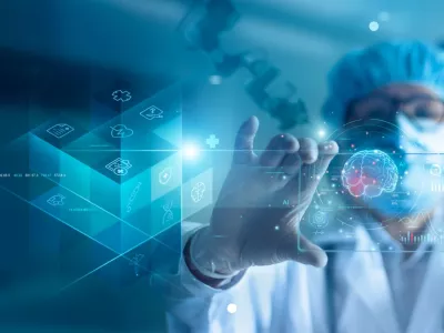 Doctor diagnose and checking brain testing result with computer and AI, robotic on virtual interface in laboratory, innovative technology in science and medicine.