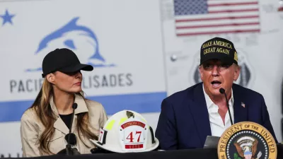 U.S. President Donald Trump and first lady Melania Trump attend a briefing on wildfire damage as they visit the Pacific Palisades neighborhood that was damaged by the Palisades Fire, in Los Angeles, California, U.S., January 24, 2025. REUTERS/Leah Millis