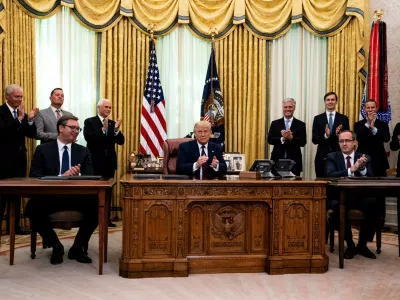 President Donald Trump participates in a signing ceremony and trilateral meeting with the President of the Republic of Serbia, Aleksandar Vu?i?, and the Prime Minister of the Republic of Kosovo, Avdullah Hoti, at the White House on September 4th, 2020.No Use UK. No Use Germany.