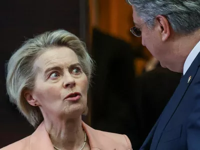 European Commission President Ursula von der Leyen and Croatia's Prime Minister Andrej Plenkovic speak as they attend an informal European Union leaders summit at Palais d'Egmont in Brussels, Belgium February 3, 2025. REUTERS/Yves Herman