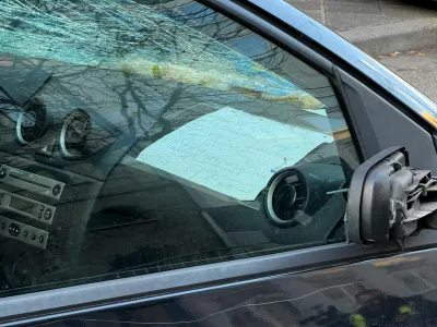 Handwritten notes on a piece of paper is attached to the dashboard of a vehicle which drove into a crowd, in Mannheim, Germany, March 3, 2025. REUTERS/Timm Reichert