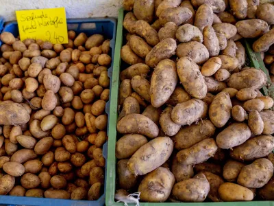 Potatoes with a price tag wait for customers in the market hall in Frankfurt, Germany, Tuesday, June 14, 2022. (AP Photo/Michael Probst)