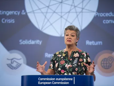 HANDOUT - 12 June 2024, Belgium, Brussels: European Commissioner for Home Affairs Ylva Johansson speaks during a press conference on the Common Implementation Plan for the Pact on Migration and Asylum. Photo: Lukasz Kobus/European Commission/dpa - ATTENTION: editorial use only and only if the credit mentioned above is referenced in full