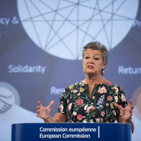 HANDOUT - 12 June 2024, Belgium, Brussels: European Commissioner for Home Affairs Ylva Johansson speaks during a press conference on the Common Implementation Plan for the Pact on Migration and Asylum. Photo: Lukasz Kobus/European Commission/dpa - ATTENTION: editorial use only and only if the credit mentioned above is referenced in full