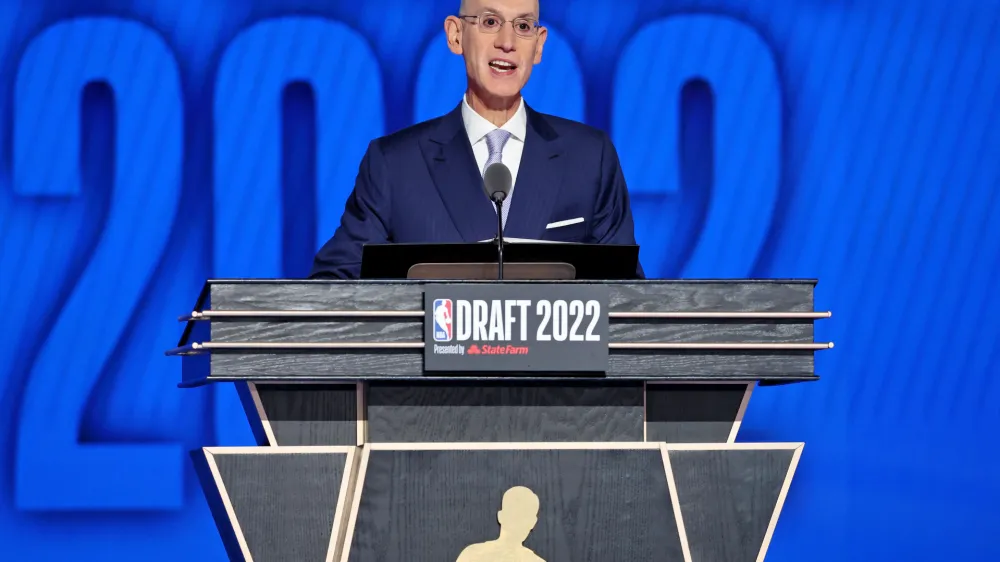 Jun 23, 2022; Brooklyn, NY, USA; NBA commissioner Adam Silver speaks before the first round of the 2022 NBA Draft at Barclays Center. Mandatory Credit: Brad Penner-USA TODAY Sports