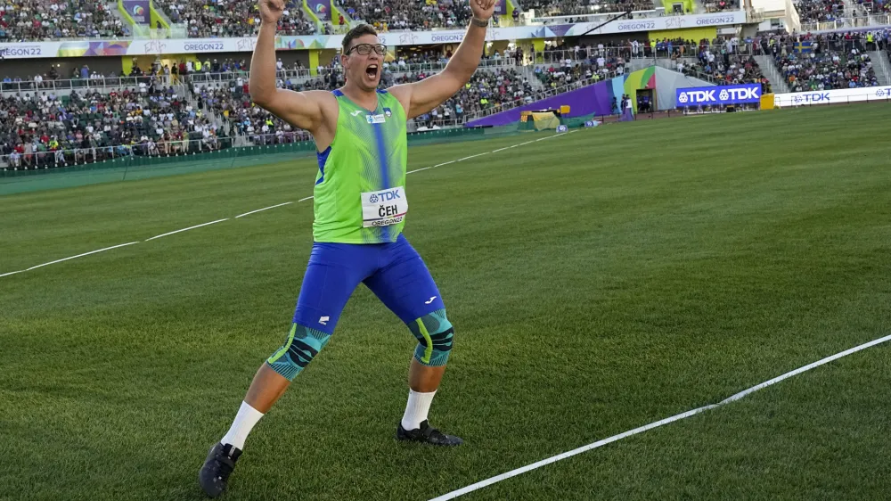 Kristjan Ceh, of Slovenia, celebrates after winning the gold medal in the final of the men's discus throw at the World Athletics Championships on Tuesday, July 19, 2022, in Eugene, Ore. (AP Photo/David J. Phillip)