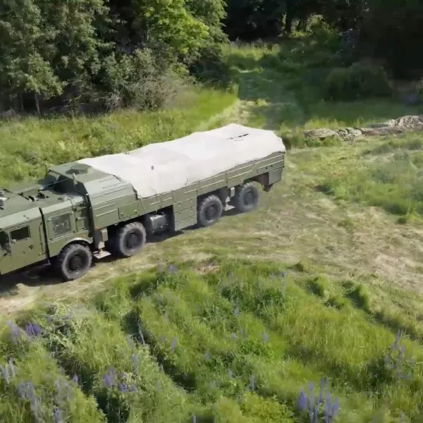 A view shows a vehicle of a Russian Iskander missile launching system during non-strategic nuclear forces' drills held by personnel of the Leningrad Military District, at an unknown location in Russia, in this still image taken from video released June 13, 2024. Russian Defence Ministry/Handout via REUTERS ATTENTION EDITORS - THIS IMAGE HAS BEEN SUPPLIED BY A THIRD PARTY. NO RESALES. NO ARCHIVES. MANDATORY CREDIT. WATERMARK FROM SOURCE.