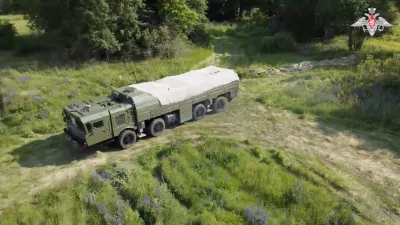 A view shows a vehicle of a Russian Iskander missile launching system during non-strategic nuclear forces' drills held by personnel of the Leningrad Military District, at an unknown location in Russia, in this still image taken from video released June 13, 2024. Russian Defence Ministry/Handout via REUTERS ATTENTION EDITORS - THIS IMAGE HAS BEEN SUPPLIED BY A THIRD PARTY. NO RESALES. NO ARCHIVES. MANDATORY CREDIT. WATERMARK FROM SOURCE.