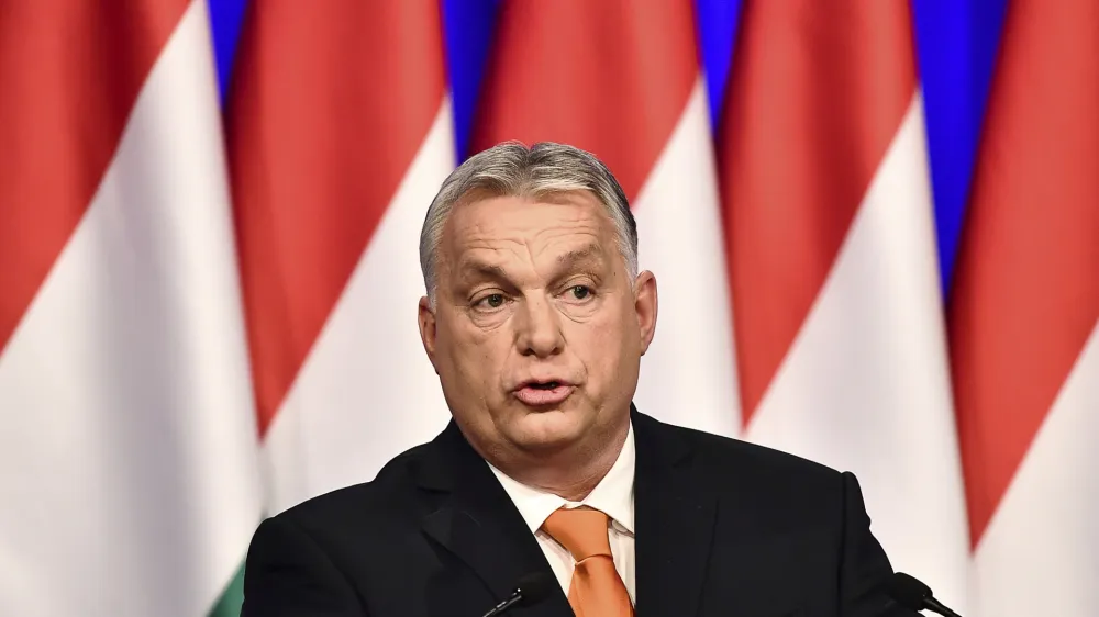 Viktor Orban, Hungary's nationalist Prime Minister delivers his annual state of the nation speech at the Varkert Bazaar conference hall, in Budapest, Hungary, Feb 12, 2022. As Hungary's nationalist prime minister Viktor Orban seeks a fourth straight term in office, a coalition of opposition parties are framing the Sunday election as a referendum on Hungary's future in the West. The election campaign has been transformed by the war in neighboring Ukraine. (AP Photo/Anna Szilagyi)