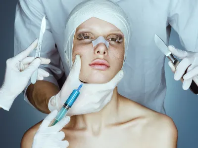 Patient in bandages. Nurses holding scalpel and syringe near her face. Plastic Surgery concept