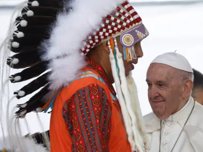 Pope Francis meets with First Nations, Metis and Inuit indigenous communities in Maskwacis, Alberta, Canada July 25, 2022. REUTERS/Guglielmo Mangiapane