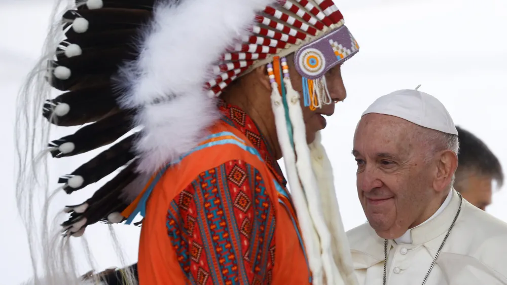 Pope Francis meets with First Nations, Metis and Inuit indigenous communities in Maskwacis, Alberta, Canada July 25, 2022. REUTERS/Guglielmo Mangiapane