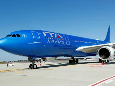 FILE PHOTO: A new Italia Trasporto Aereo (ITA) plane with the state airline's blue livery is seen at Fiumicino airport before a news conference to present the new fleet, in Rome, Italy, March 1, 2022. REUTERS/Remo Casilli/File Photo