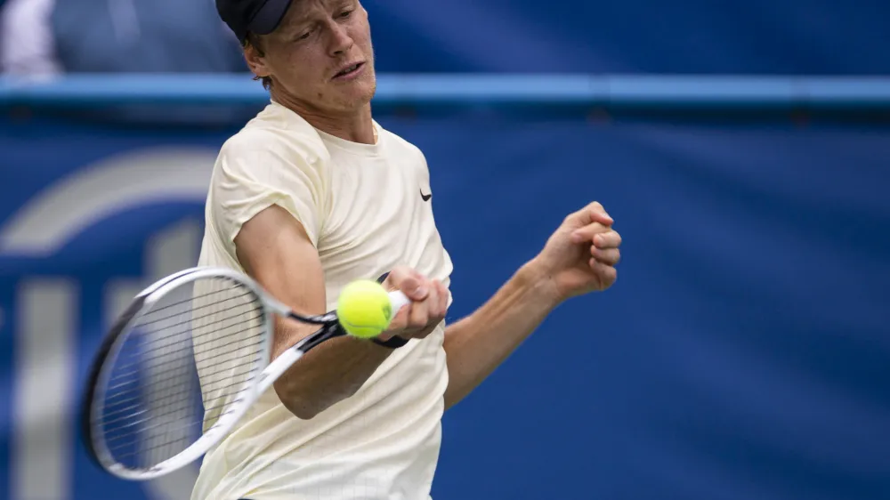 Aug 7, 2021; Washington, DC, USA; Jannik Sinner of Italy hits a forehand against Jenson Brooksby of the United States (not pictured) during the Citi Open at Rock Creek Park Tennis Center. Mandatory Credit: Scott Taetsch-USA TODAY Sports