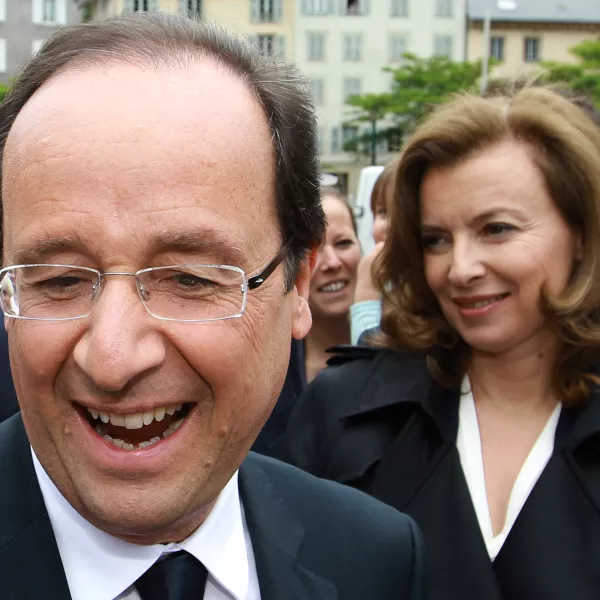 French President Francois Hollande, left, and his companion Valerie Trierweiler, in Tulle, southwestern France, Saturday, June 9, 2012, on the eve of the first round of the French general election. The second round will take place on June 17 to elect the 14th National Assembly of the 5th Republic. (AP Photo/Bob Edme)